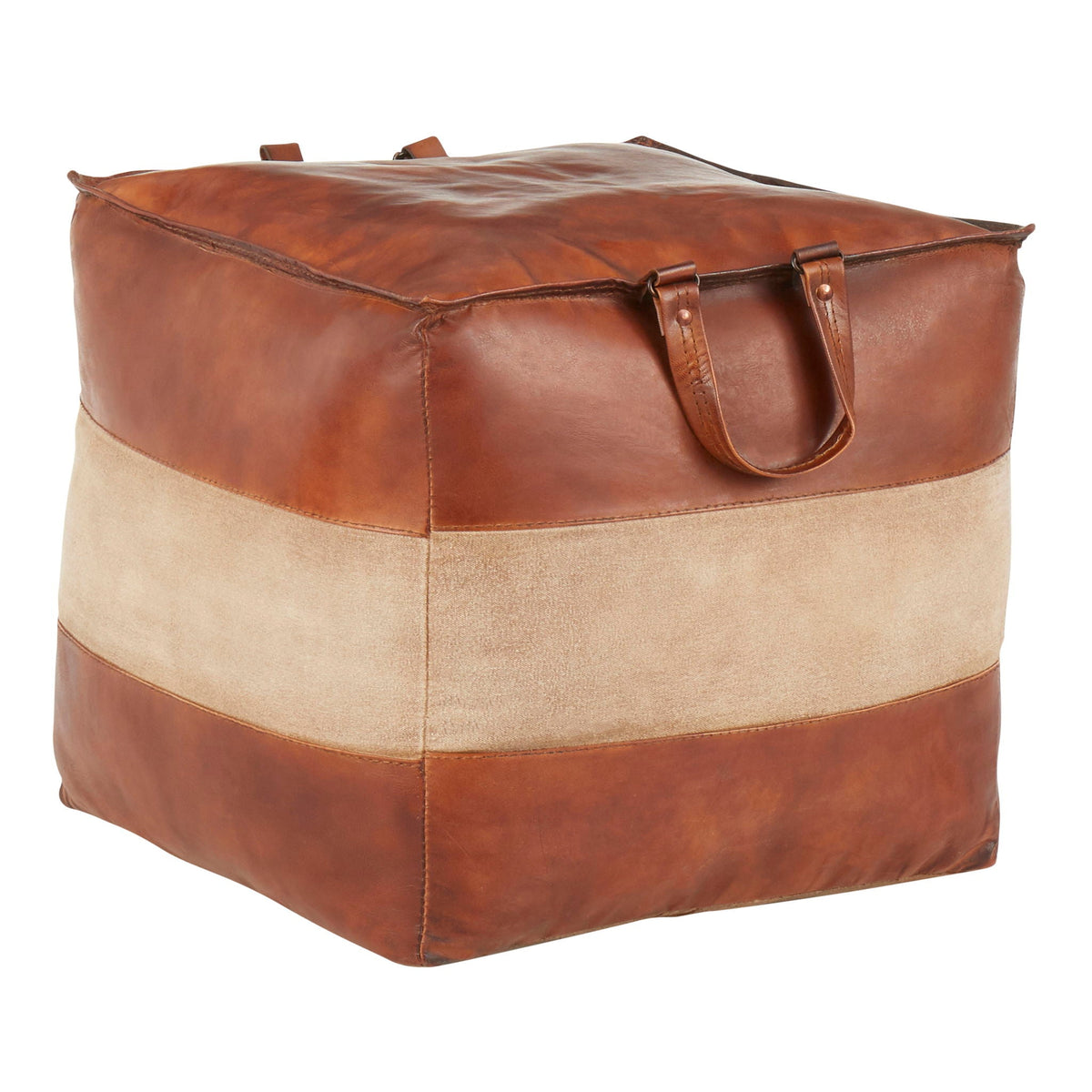Industrial pouf ottoman with handles by HouseOfZazla, brown leather top and beige fabric body on Tampa Home & Garden Store