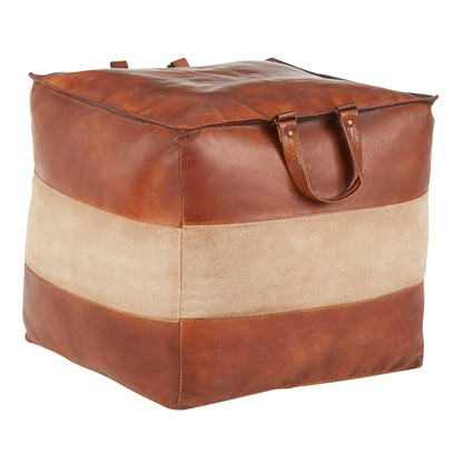 Industrial pouf ottoman with handles by HouseOfZazla, brown leather top and beige fabric body on Tampa Home & Garden Store