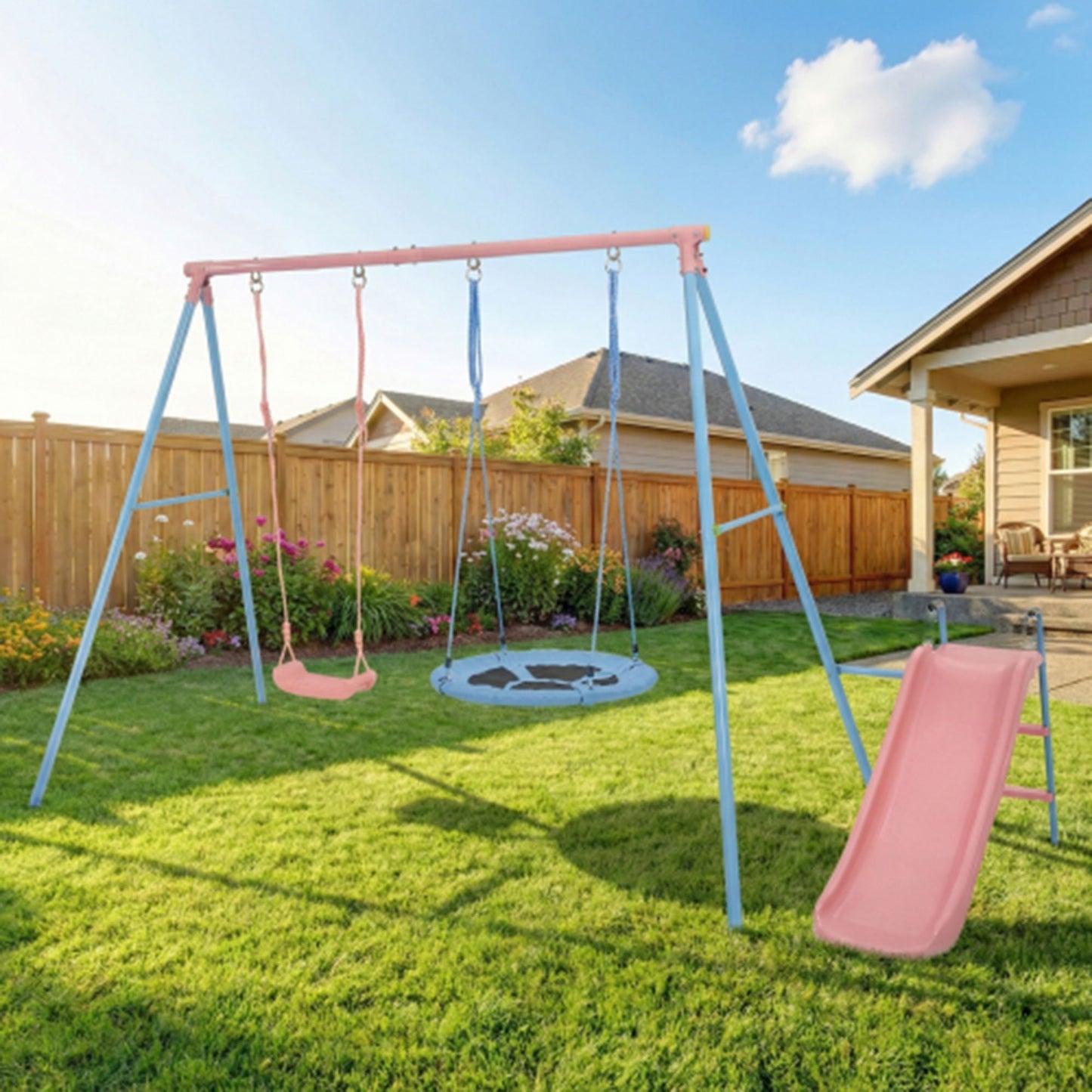 Blue and Pink Outdoor Swing Set with Slide