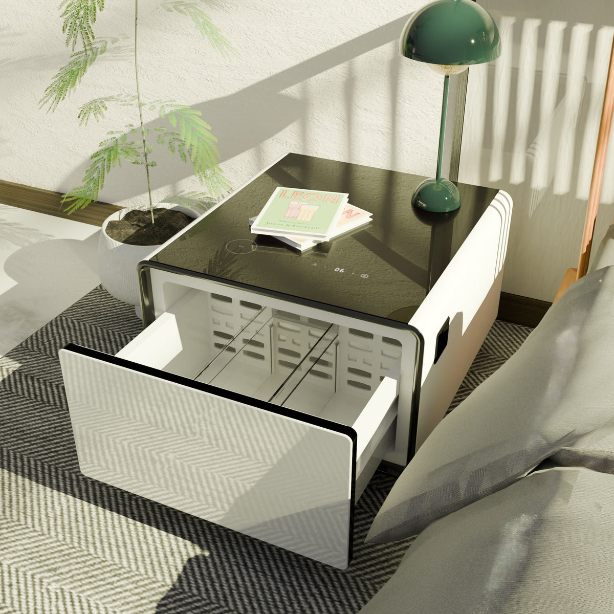 Smart side table with built-in fridge and wireless charging by HouseOfZazla, black glass top on Tampa Home & Garden Store