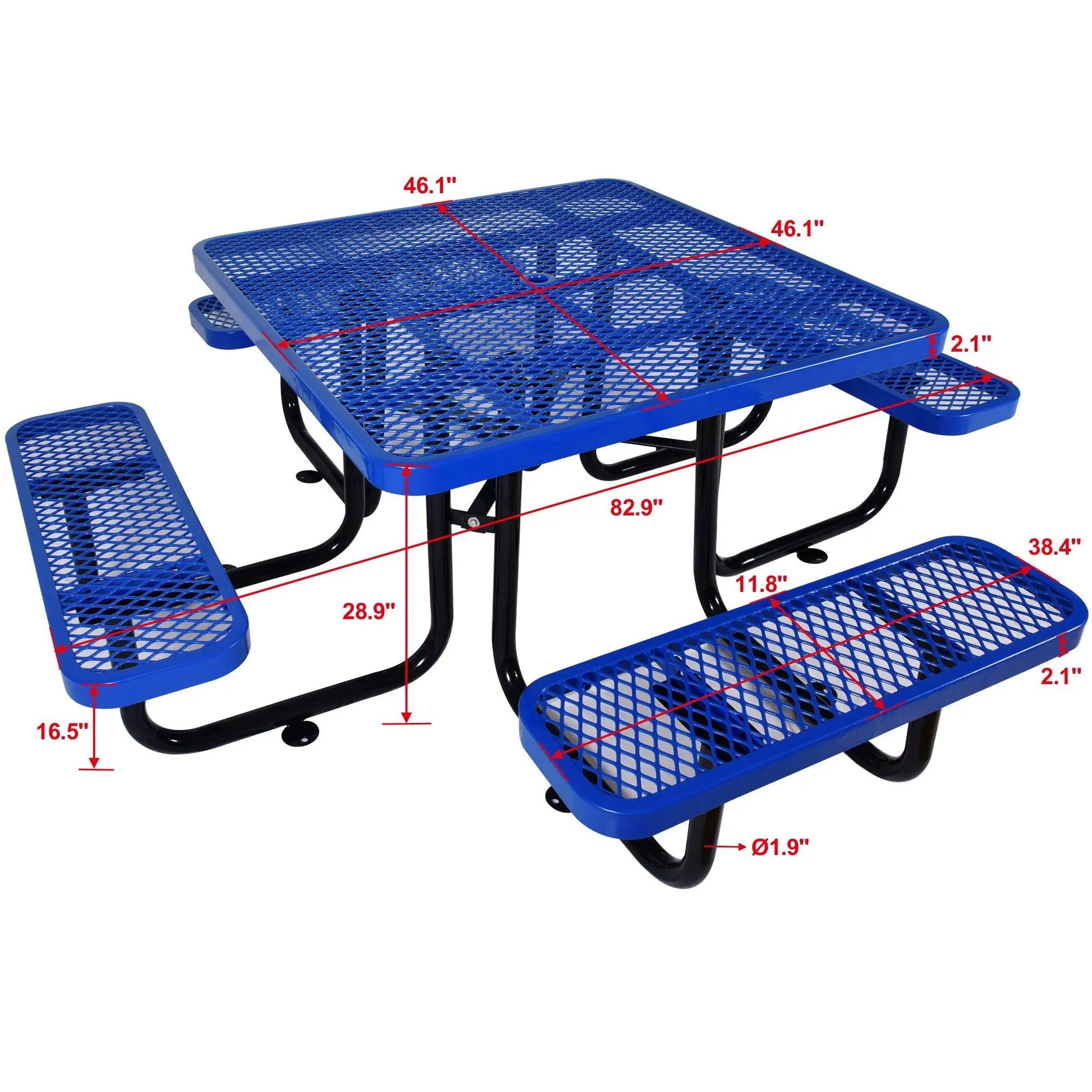 Square outdoor steel picnic table with umbrella pole, blue metal top, Unique Piece Furniture on Tampa Home & Garden Store