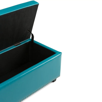 Hamilton Upholstered Storage Ottoman teal with black interior lift-top storage metal stud trim on Tampa Home & Garden Store