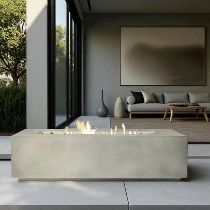 Fire pit table lightweight concrete with propane flames by Unique Piece Furniture on patio on Tampa Home & Garden Store