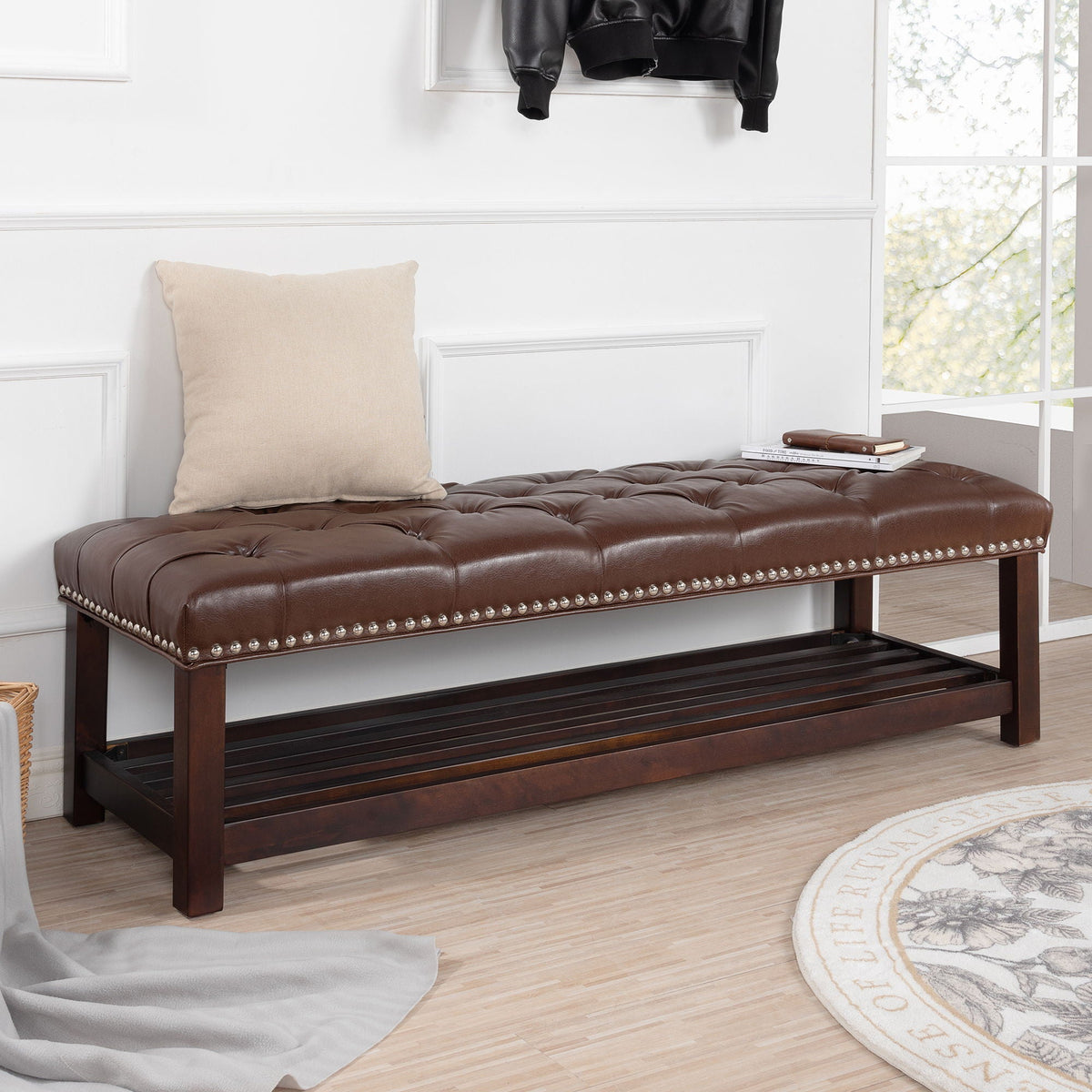 Tufted end-of-bed bench in brown faux leather with nailhead trim and dark wood legs by HouseOfZazla on Tampa Home & Garden Store