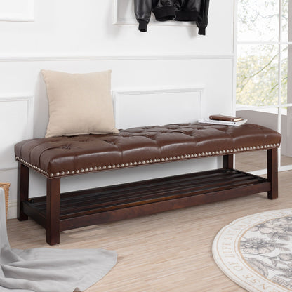 Tufted end-of-bed bench in brown faux leather with nailhead trim and dark wood legs by HouseOfZazla on Tampa Home & Garden Store