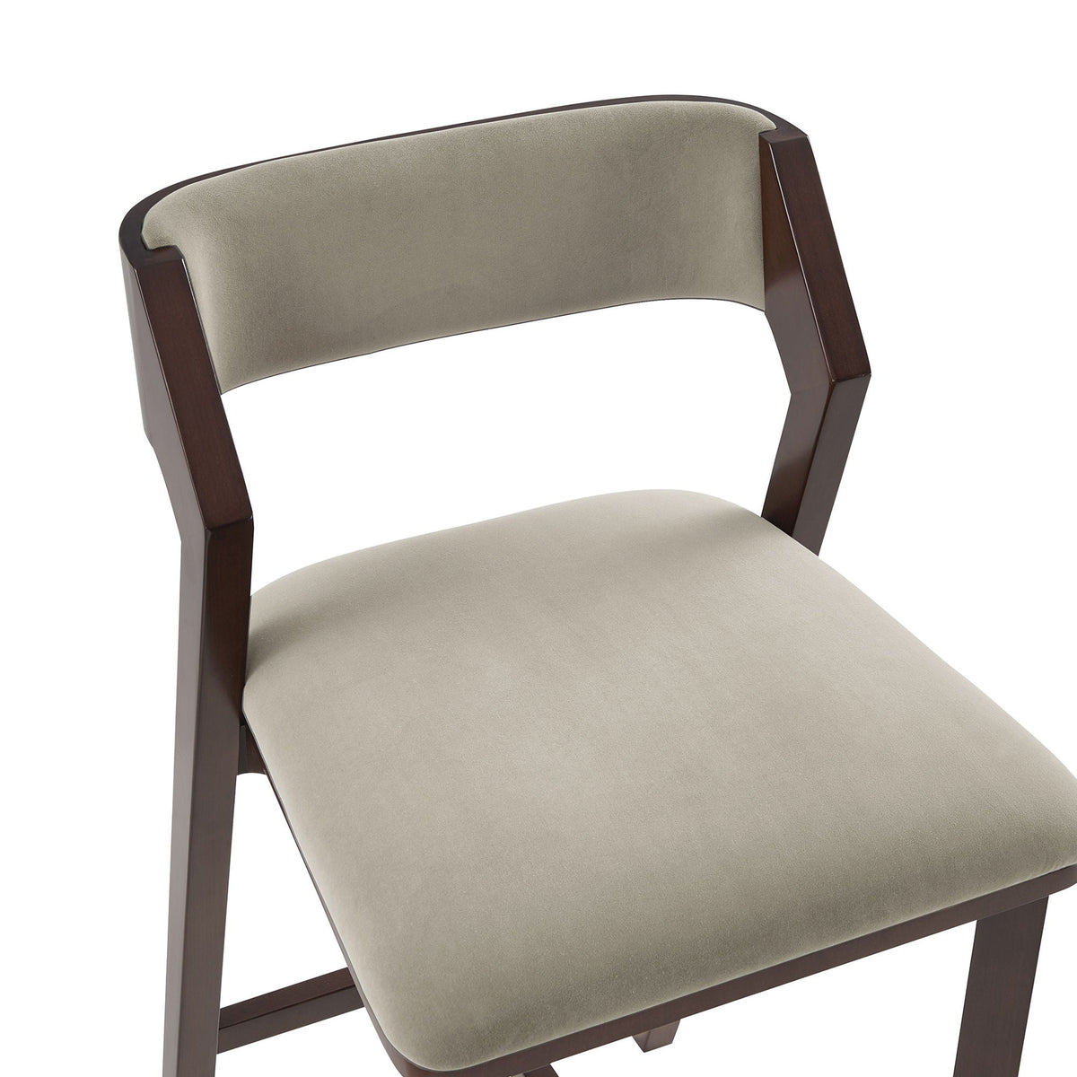 Bar Height Barstool with Backrest, pearl silver upholstery, dark wood legs on Tampa Home & Garden Store