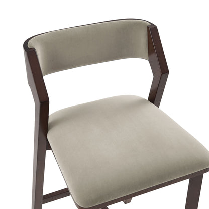 Bar Height Barstool with Backrest, pearl silver upholstery, dark wood legs on Tampa Home & Garden Store