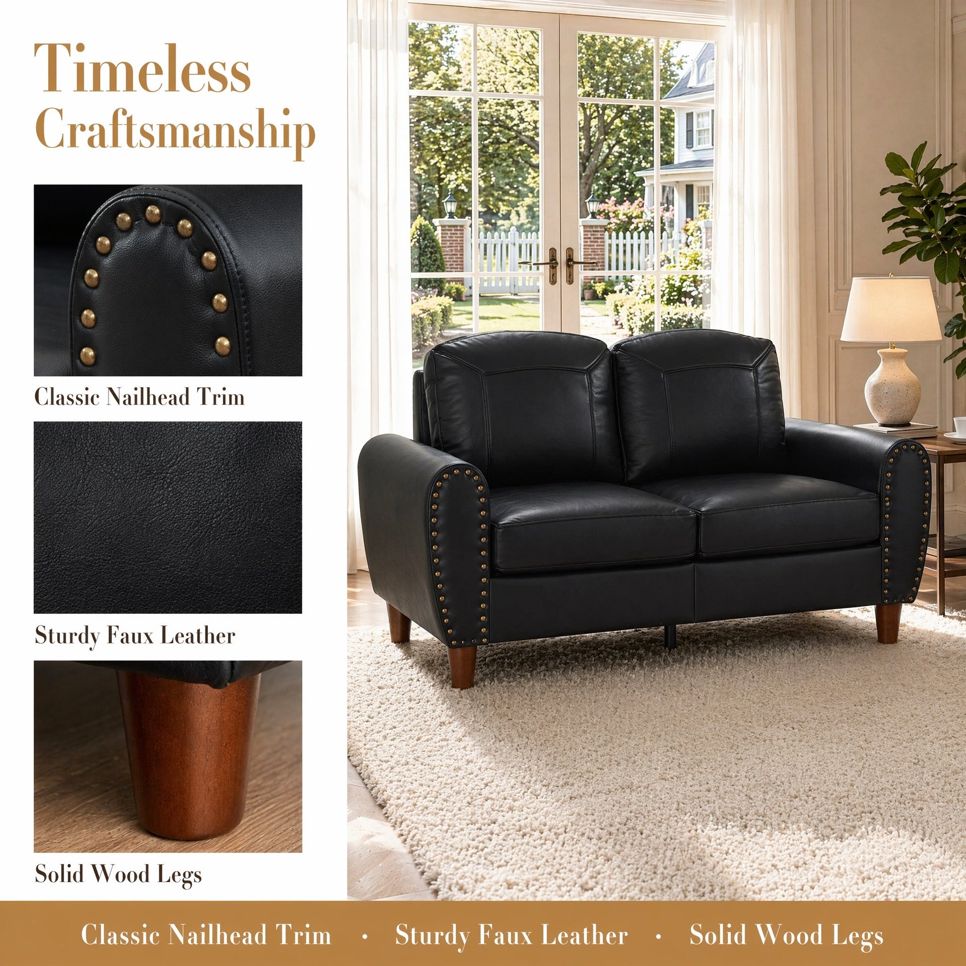 59-inch classic black faux leather loveseat with nailhead trim and solid wood legs HouseOfZazla on Tampa Home & Garden Store