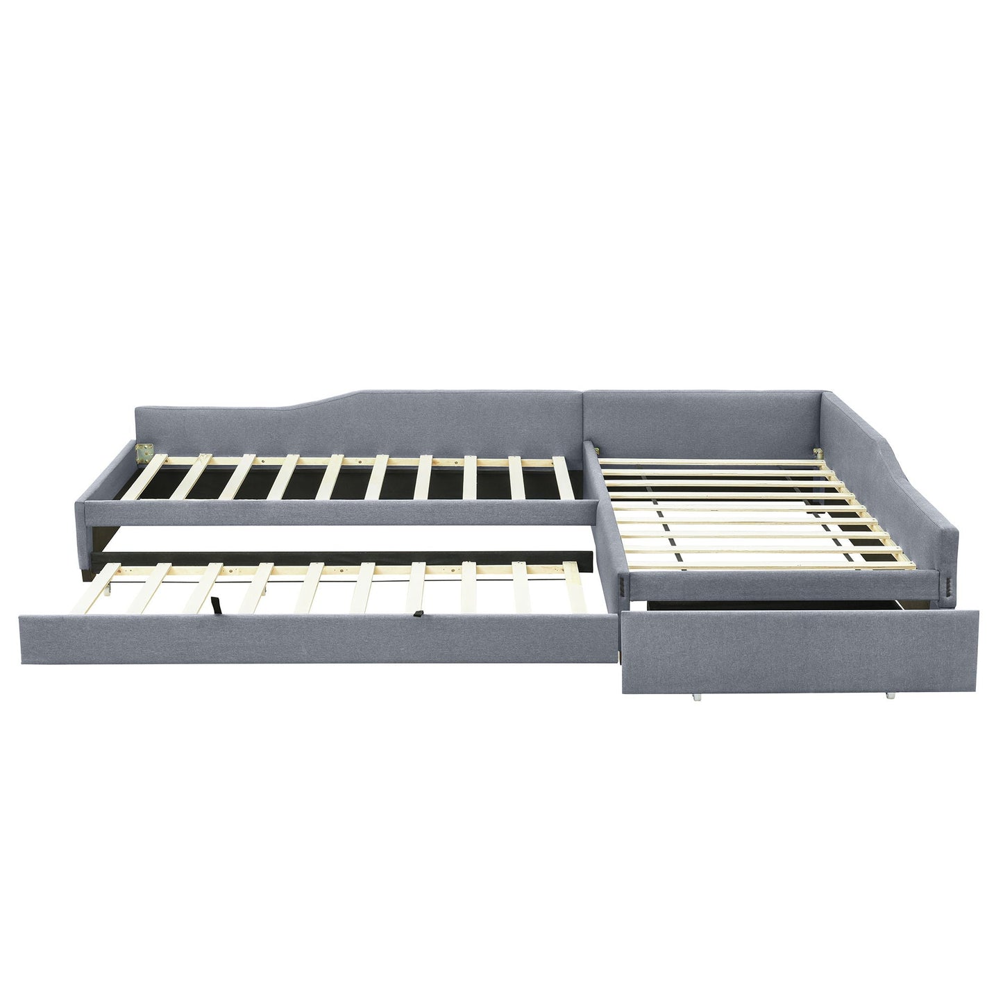 Upholstered gray double daybed with trundle and drawer, wood slat supports on Tampa Home & Garden Store