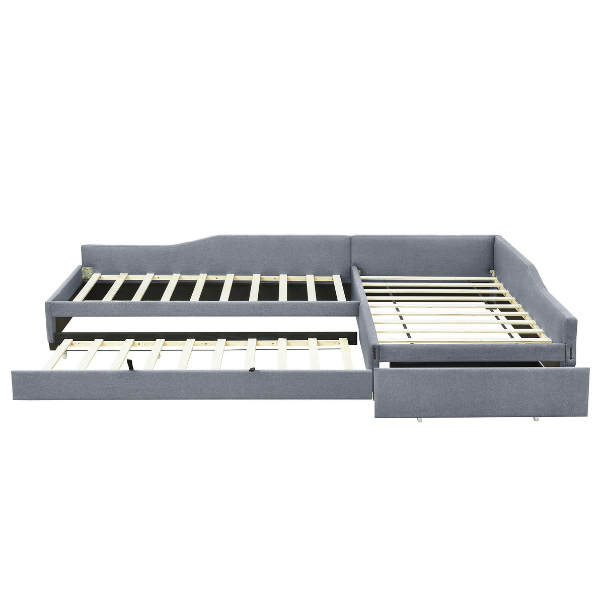 Upholstered gray double daybed with trundle and drawer, wood slat supports on Tampa Home & Garden Store