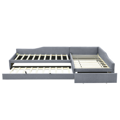 Upholstered gray double daybed with trundle and drawer, wood slat supports on Tampa Home & Garden Store