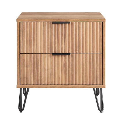 Dumbo Nightstand by HouseOfZazla, natural oak accent with 2 fluted drawers and black metal legs on Tampa Home & Garden Store on Tampa Home & Garden Store