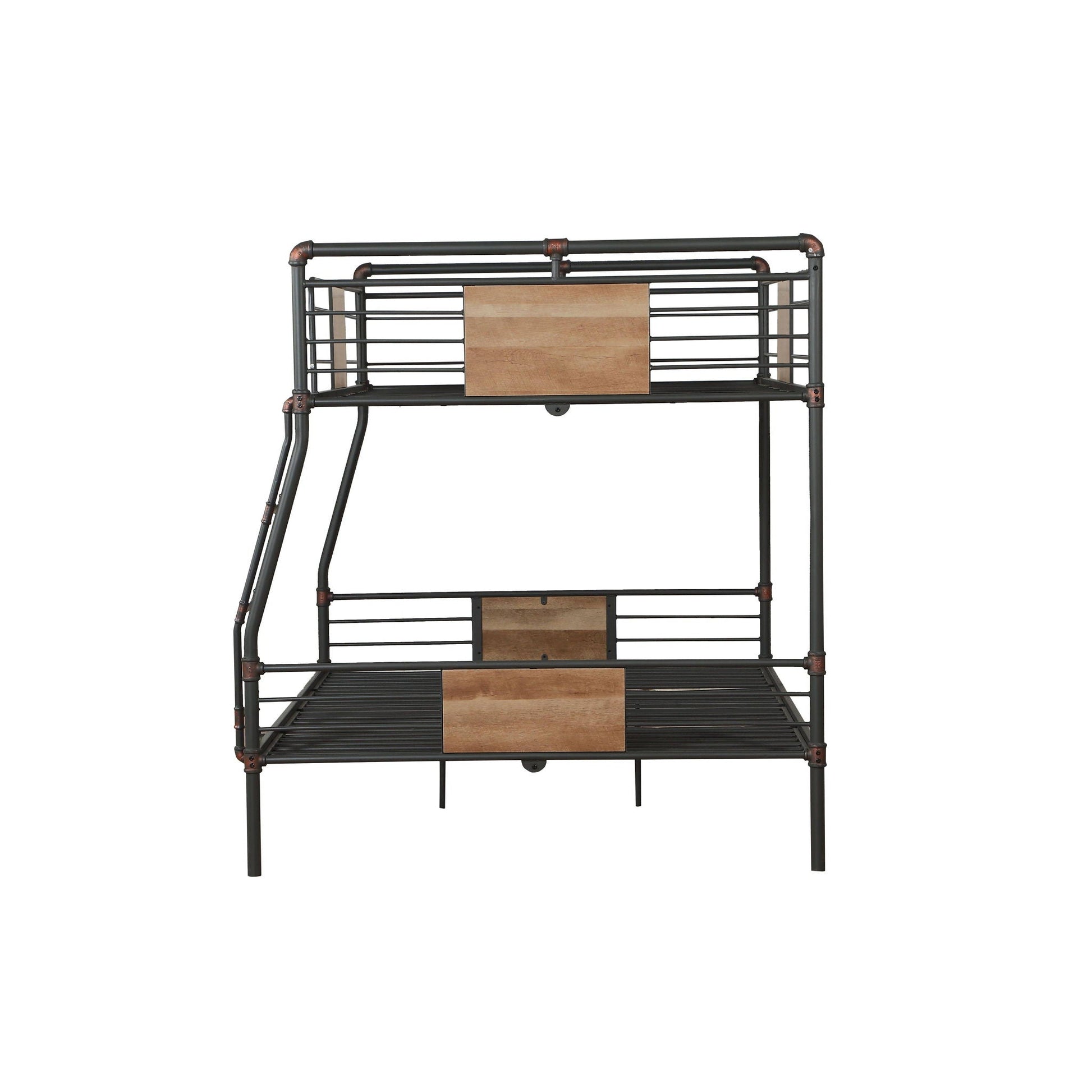 HouseOfZazla Brantley bunk bed frame, black metal with wood slat panels, full-long/queen on Tampa Home & Garden Store