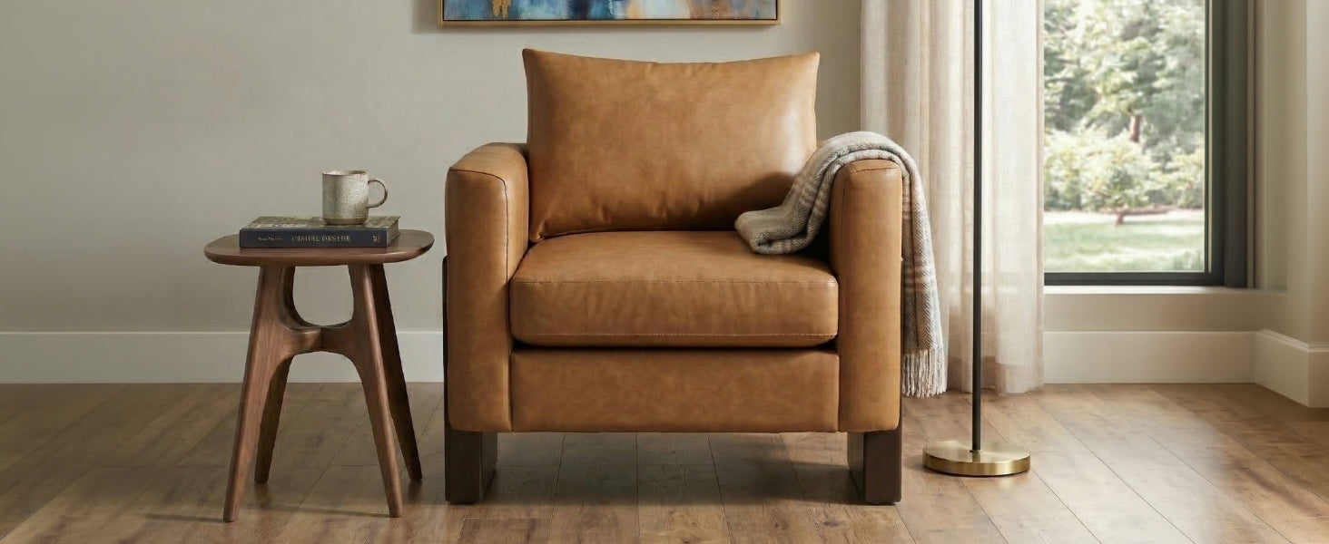 Modern accent chair tan leather with rubberwood legs by HouseOfZazla on Tampa Home & Garden Store