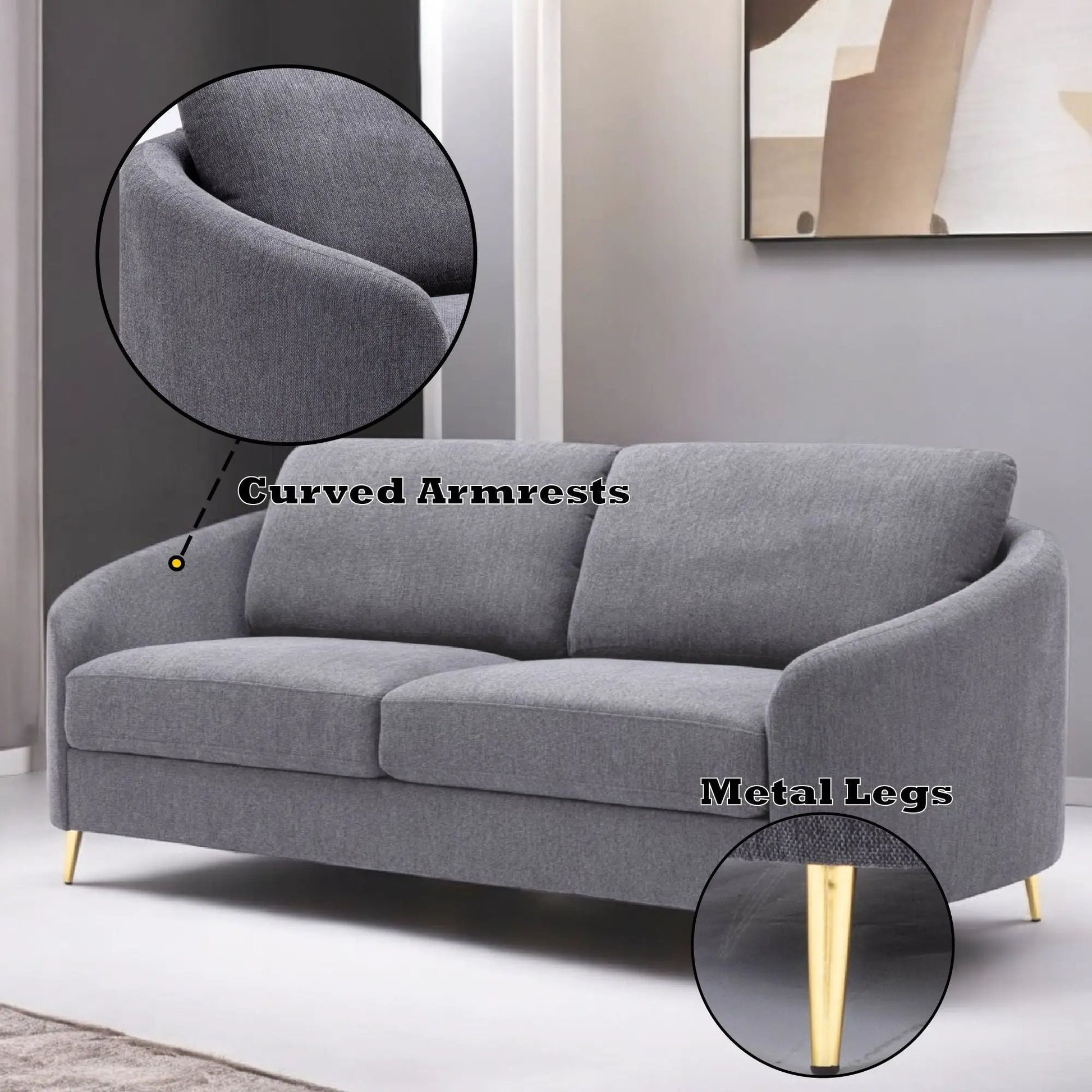 Sofa gray linen stationary with curved armrests and metal legs on Tampa Home & Garden Store