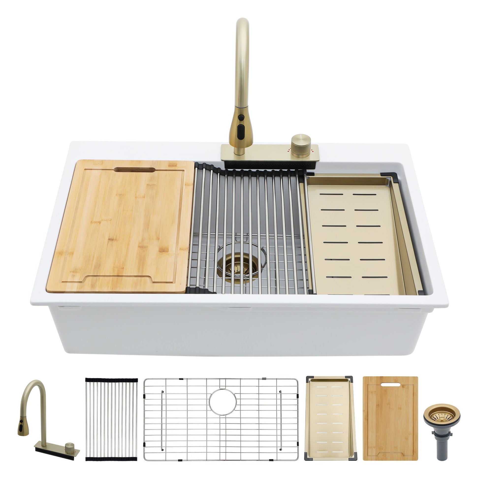Waterfall kitchen sink with gold pull-out faucet and cup washer by HouseOfZazla on Tampa Home & Garden Store