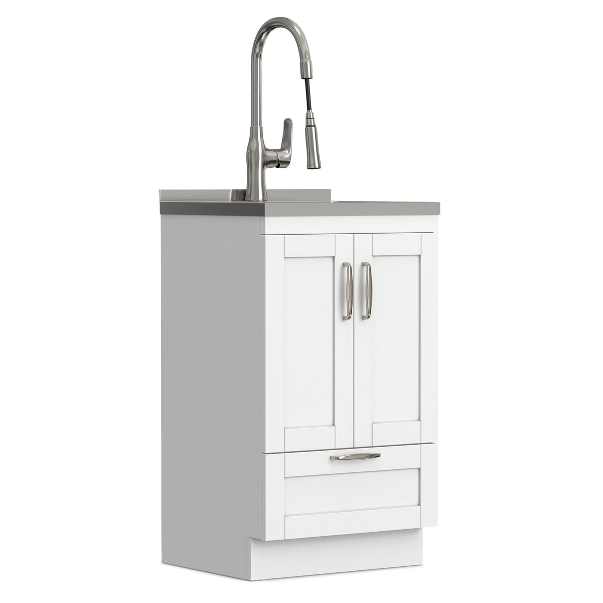 Deluxe laundry cabinet with sink and pull-down faucet, white vanity with gray trim on Tampa Home & Garden Store