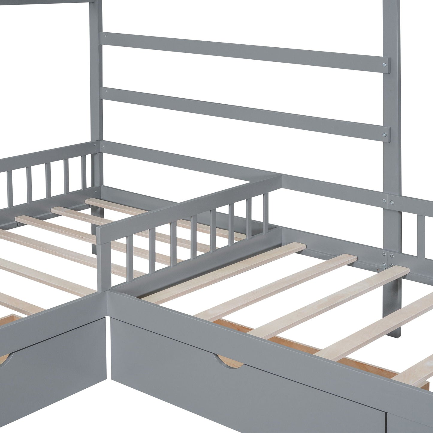 L-shaped platform bed with 3 gray storage drawers, gray frame and wood slats, HouseOfZazla on Tampa Home & Garden Store
