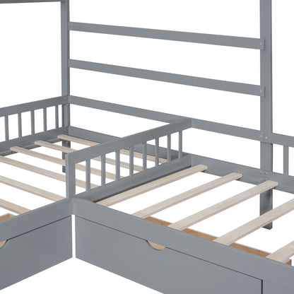 L-shaped platform bed with 3 gray storage drawers, gray frame and wood slats, HouseOfZazla on Tampa Home & Garden Store