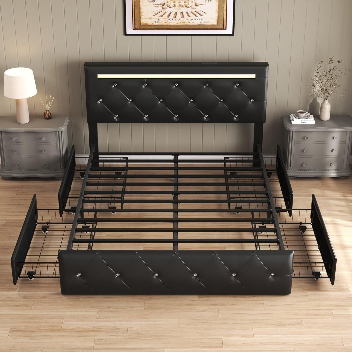 Upholstered Bed Frame with LED Lights Storage