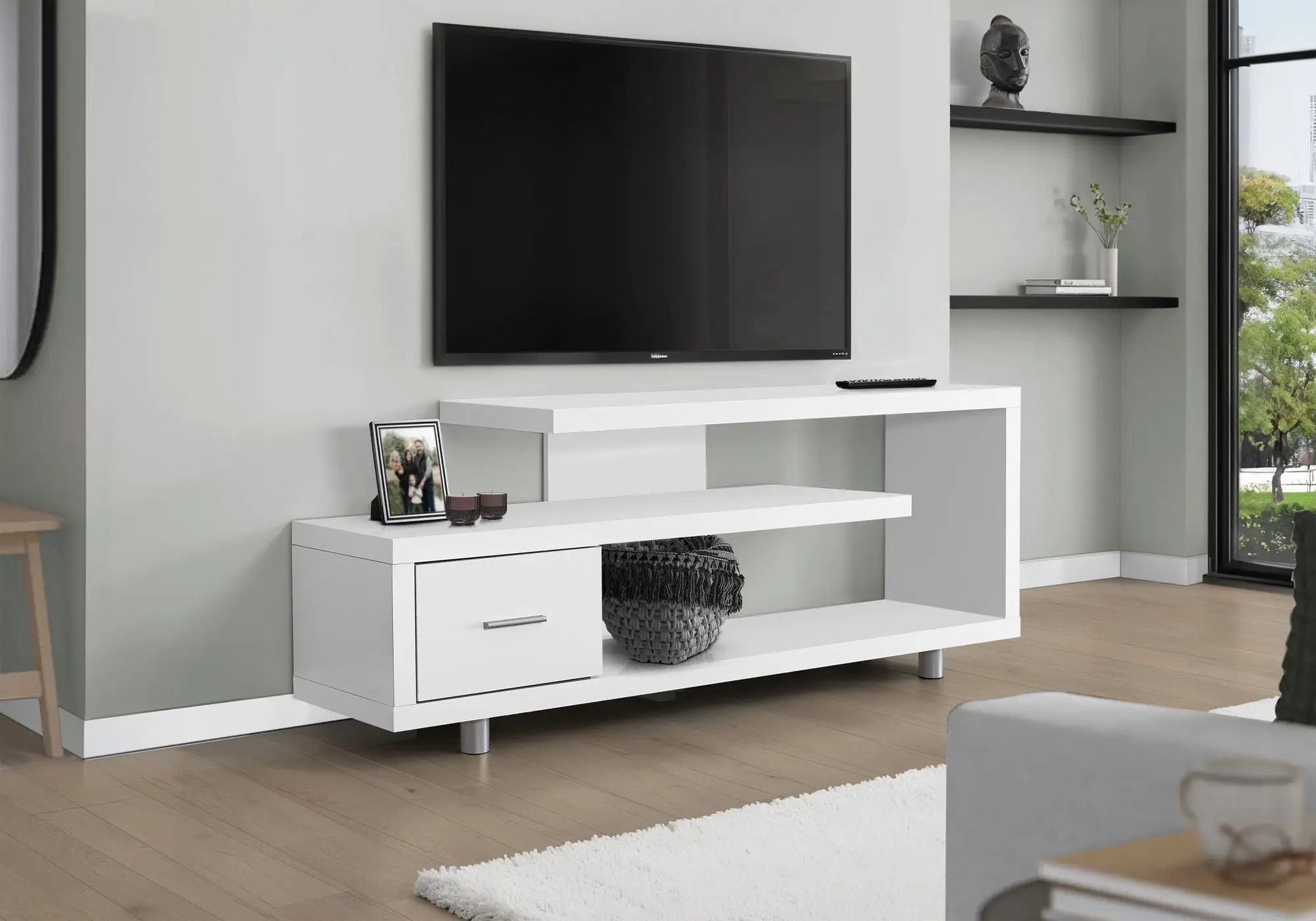 TV stand console in white with open shelf and drawer by Unique Piece Furniture on Tampa Home & Garden Store