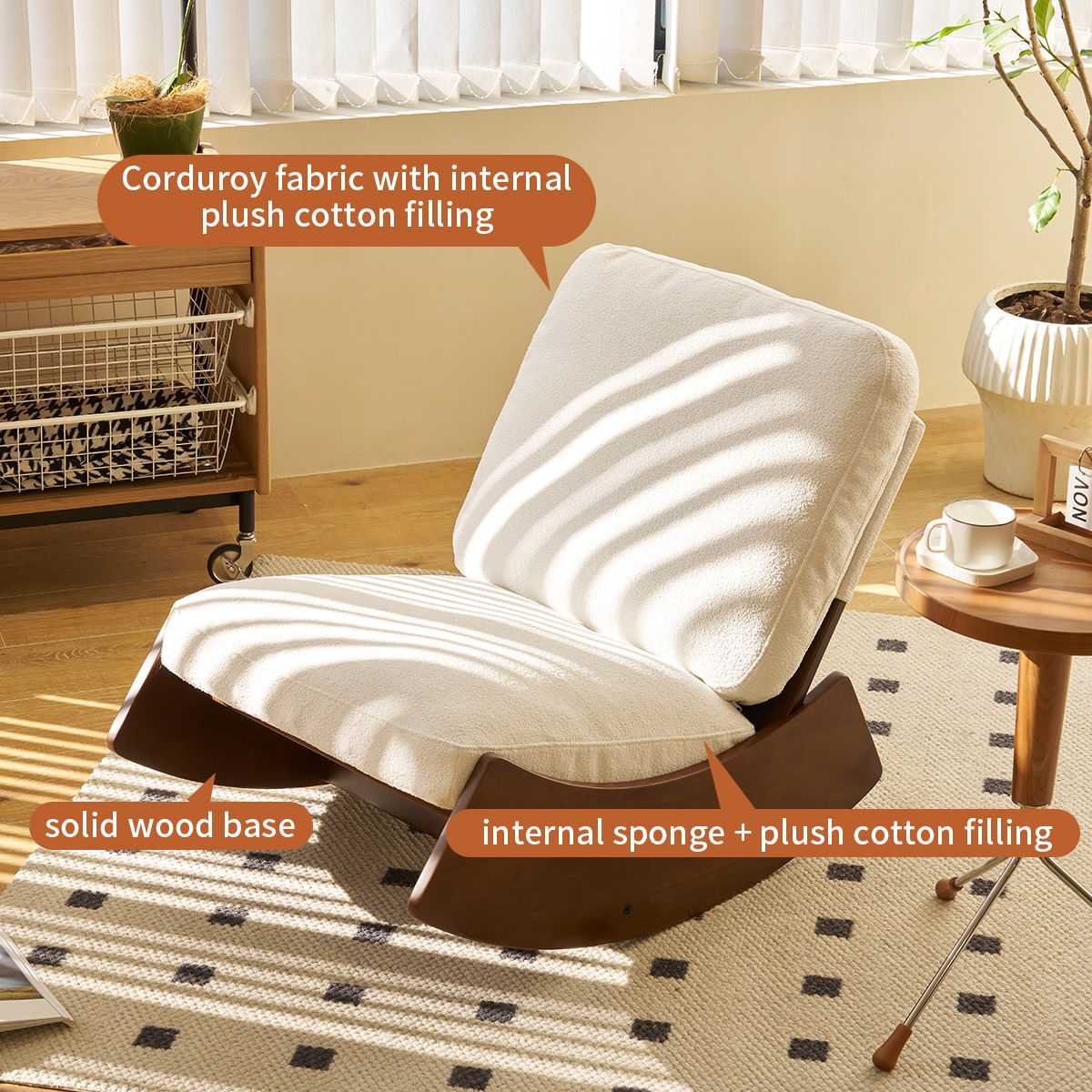 Upholstered glider rocking chair in cream corduroy with solid wood curved base HouseOfZazla on Tampa Home & Garden Store