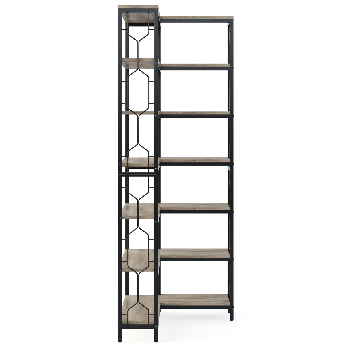 7-tier corner bookshelf with hexagonal metal detailing and dark brown wood shelves on a black frame on Tampa Home & Garden Store