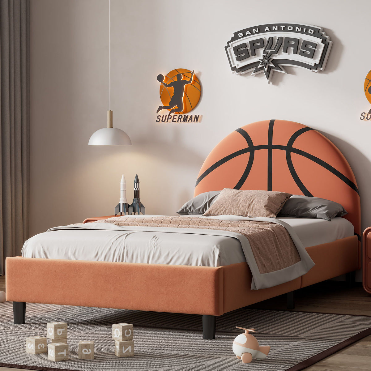 Basketball design upholstered twin platform bed in orange with black trim for teens on Tampa Home & Garden Store
