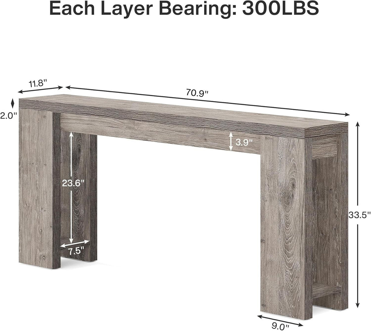 Wood entryway console table by HouseOfZazla in weathered gray finish; 70.9" W x 33.5" H on Tampa Home & Garden Store