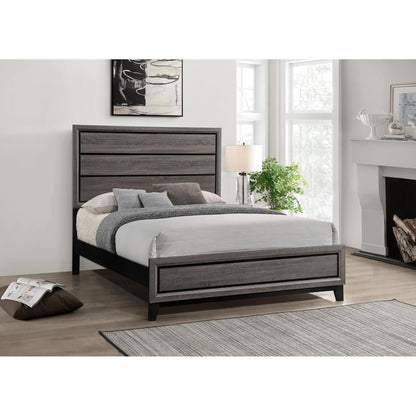 Queen Gray Oak Panel Bed and Black Accents
