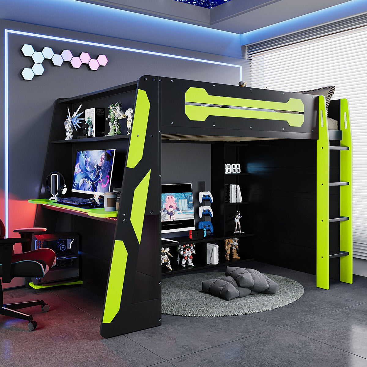 Full size wood loft bed with desk, RGB lighting and multiple storage shelves on Tampa Home & Garden Store