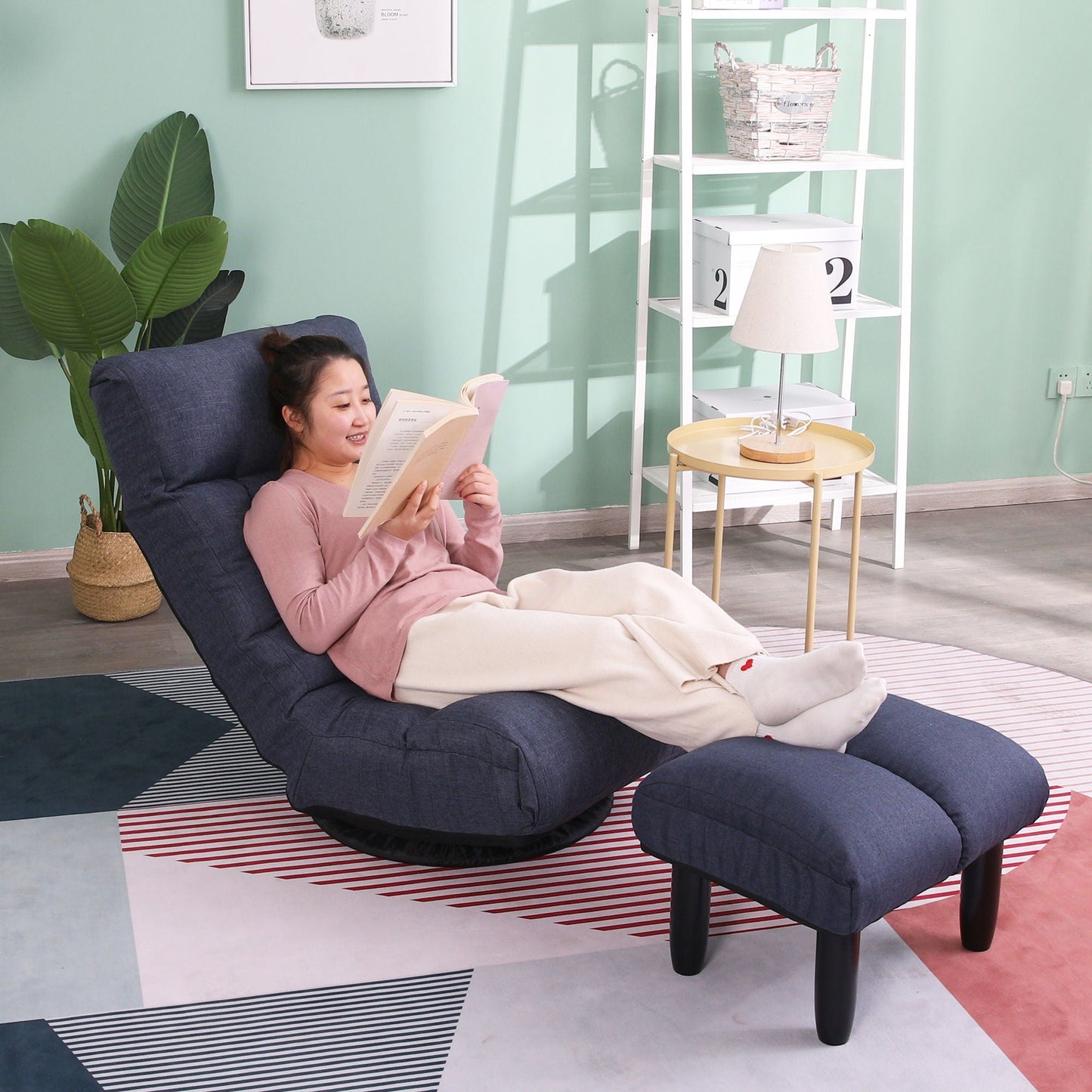 Adjustable Japanese reclining floor chair sofa with metal frame in blue fabric by HouseOfZazla on Tampa Home & Garden Store