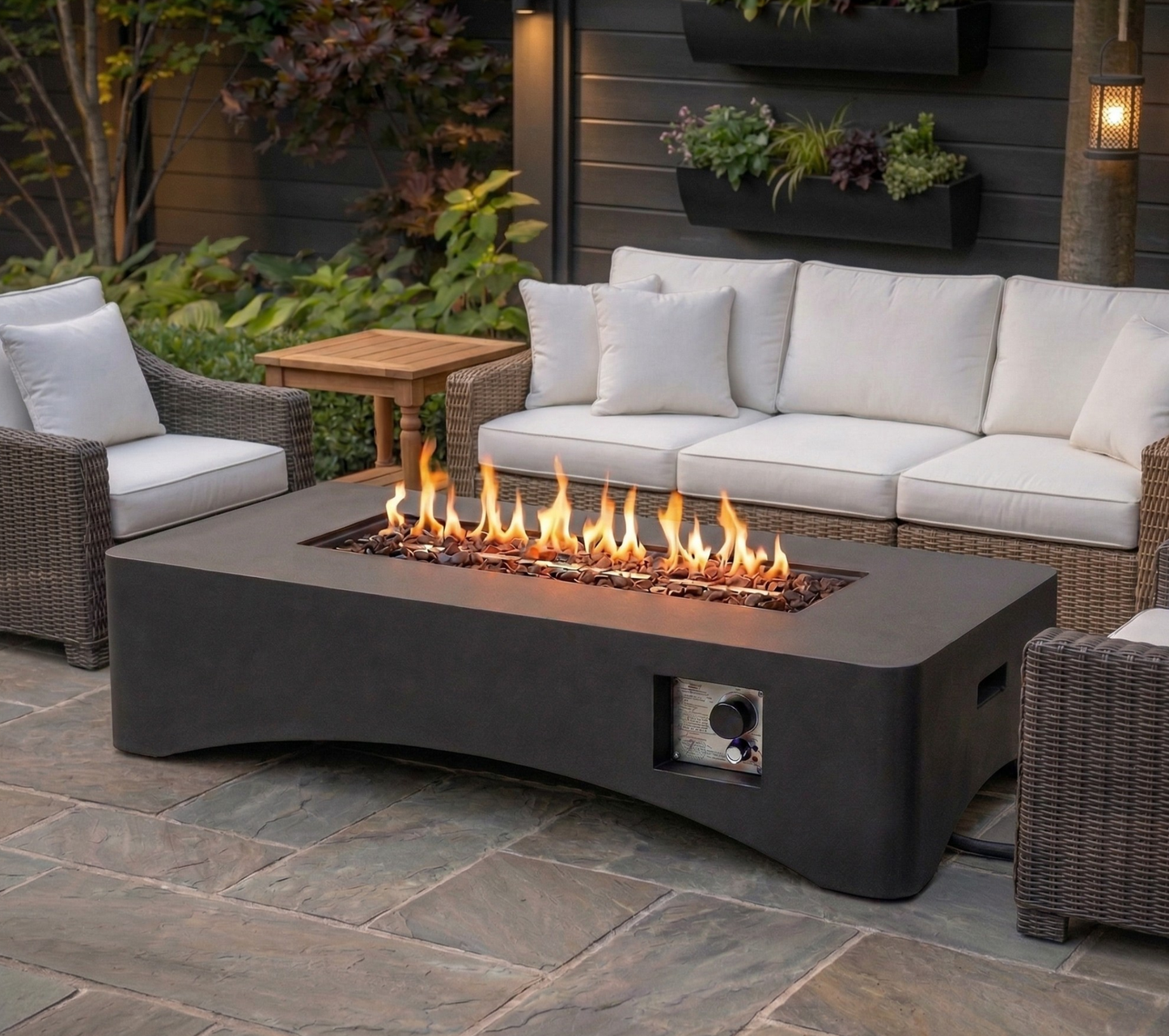 56-inch propane fire pit table, rectangular outdoor gas fire pit in black with white cushions on Tampa Home & Garden Store
