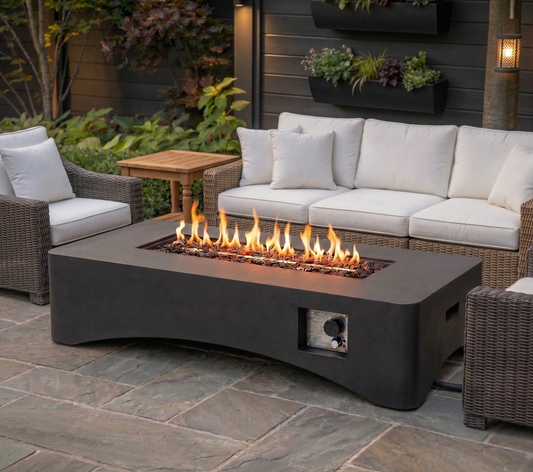 56-inch propane fire pit table, rectangular outdoor gas fire pit in black with white cushions on Tampa Home & Garden Store