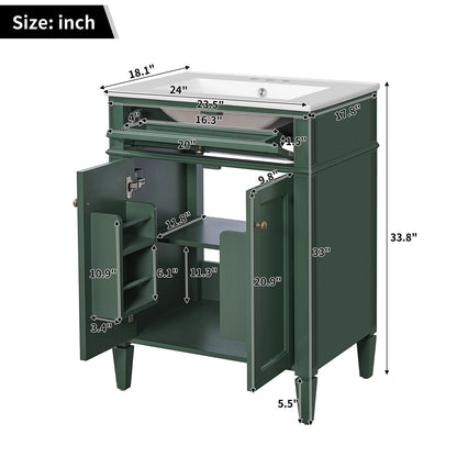 Bathroom vanity with dark green solid wood frame, white countertop sink, tip-out drawer on Tampa Home & Garden Store