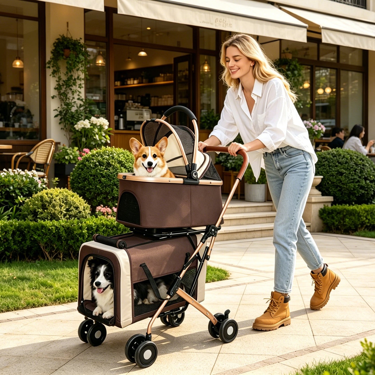 Double pet stroller for dogs and cats in brown with dual compartments by HouseOfZazla on Tampa Home & Garden Store