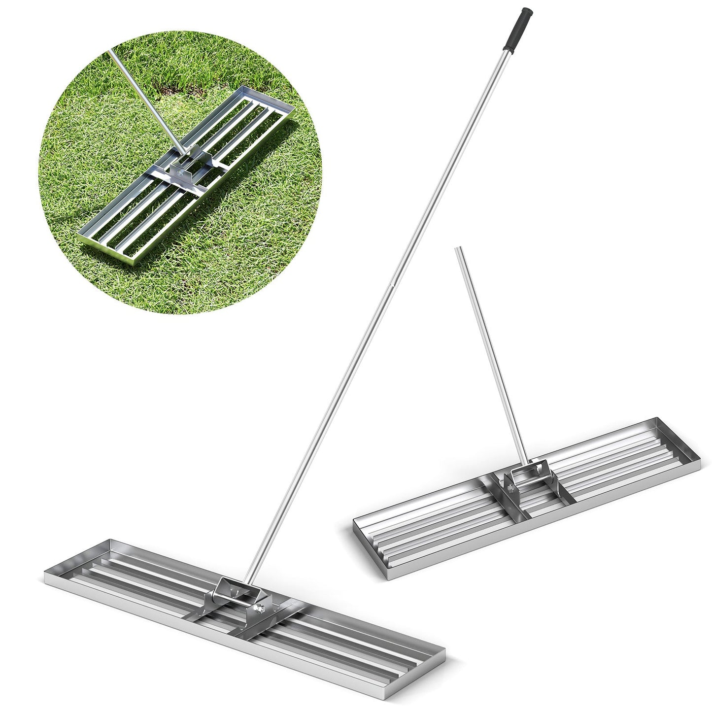 Rastrillo nivelador de césped de 42 x 10 pulgadas con mango ergonómico - Plateado