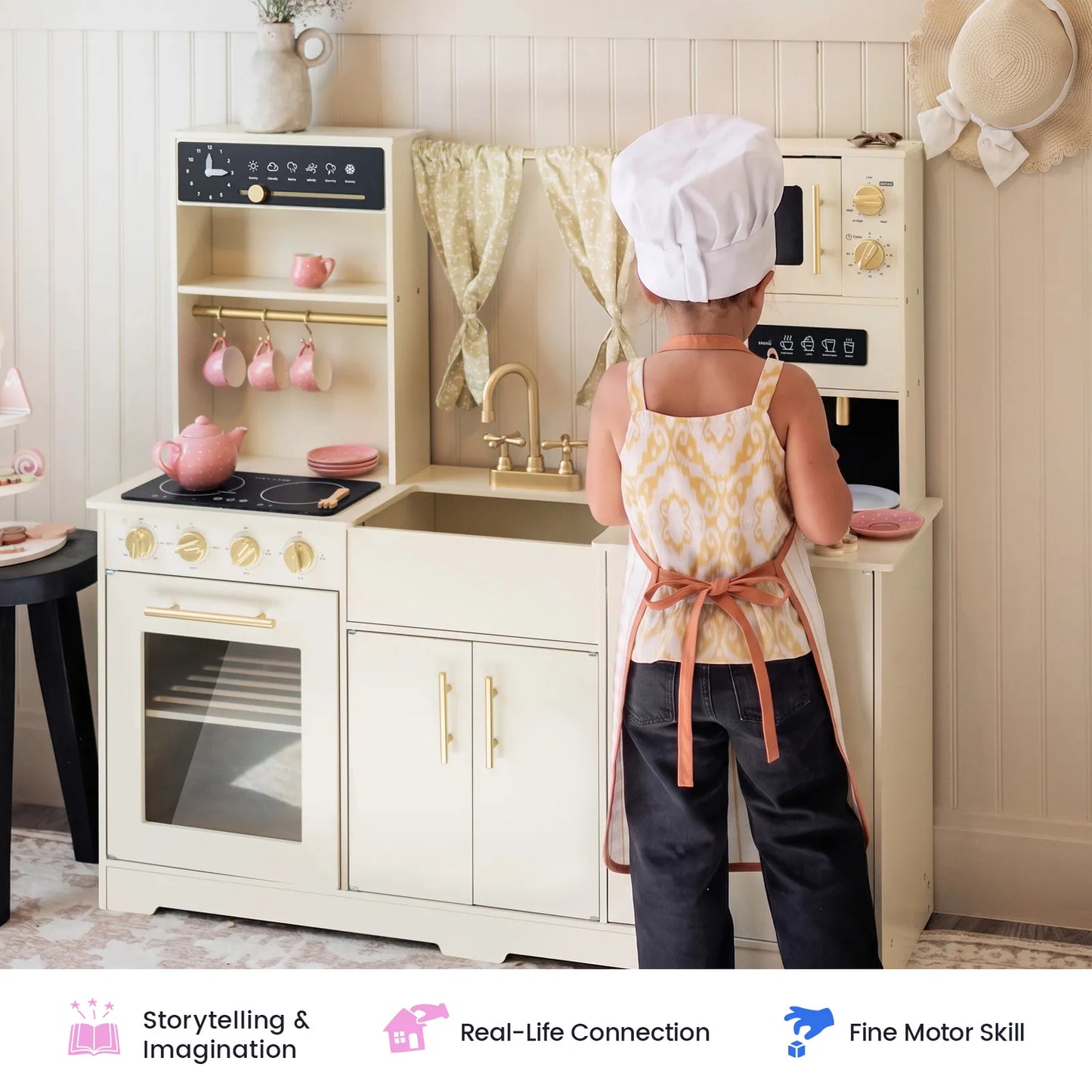 Tiny Land Iconic wooden play kitchen cream with brass faucet for kids by Tiny Land INC on Tampa Home & Garden Store