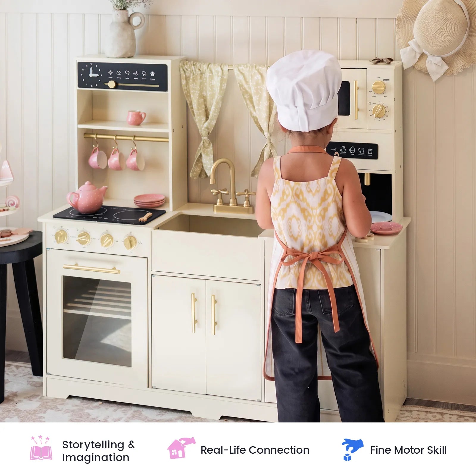 Tiny Land Iconic wooden play kitchen cream with brass faucet for kids by Tiny Land INC on Tampa Home & Garden Store