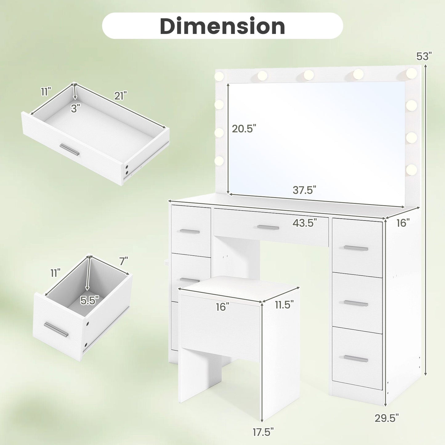 Tocador de 43.5 pulgadas con espejo y luces para dormitorio-Blanco
