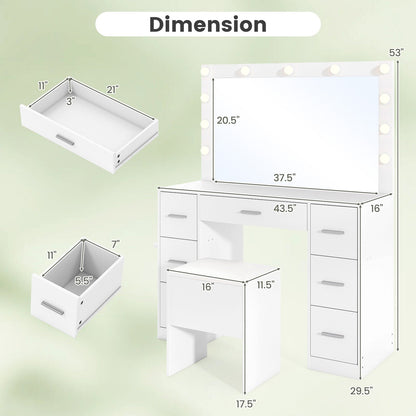 Tocador de 43.5 pulgadas con espejo y luces para dormitorio-Blanco