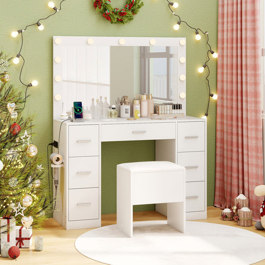 Tocador de 43.5 pulgadas con espejo y luces para dormitorio-Blanco