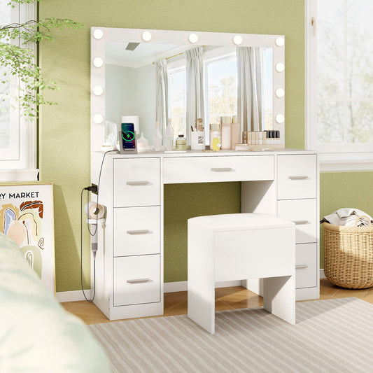 Tocador de 43.5 pulgadas con espejo y luces para dormitorio-Blanco