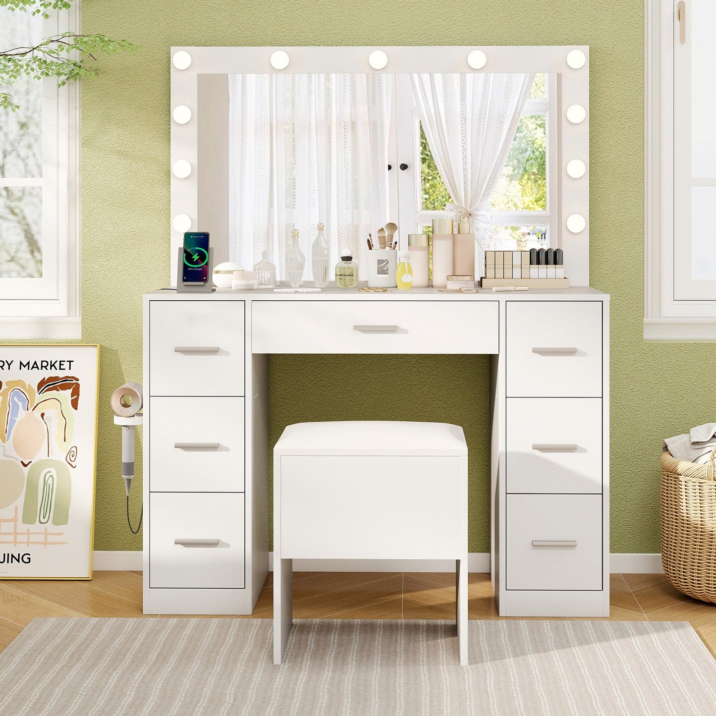 Tocador de 43.5 pulgadas con espejo y luces para dormitorio-Blanco