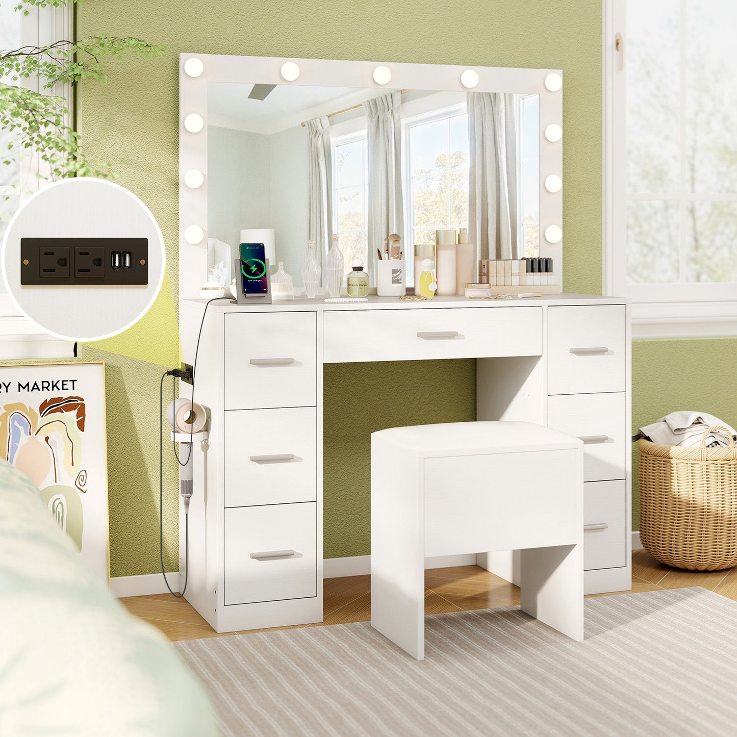 Tocador de 43.5 pulgadas con espejo y luces para dormitorio-Blanco