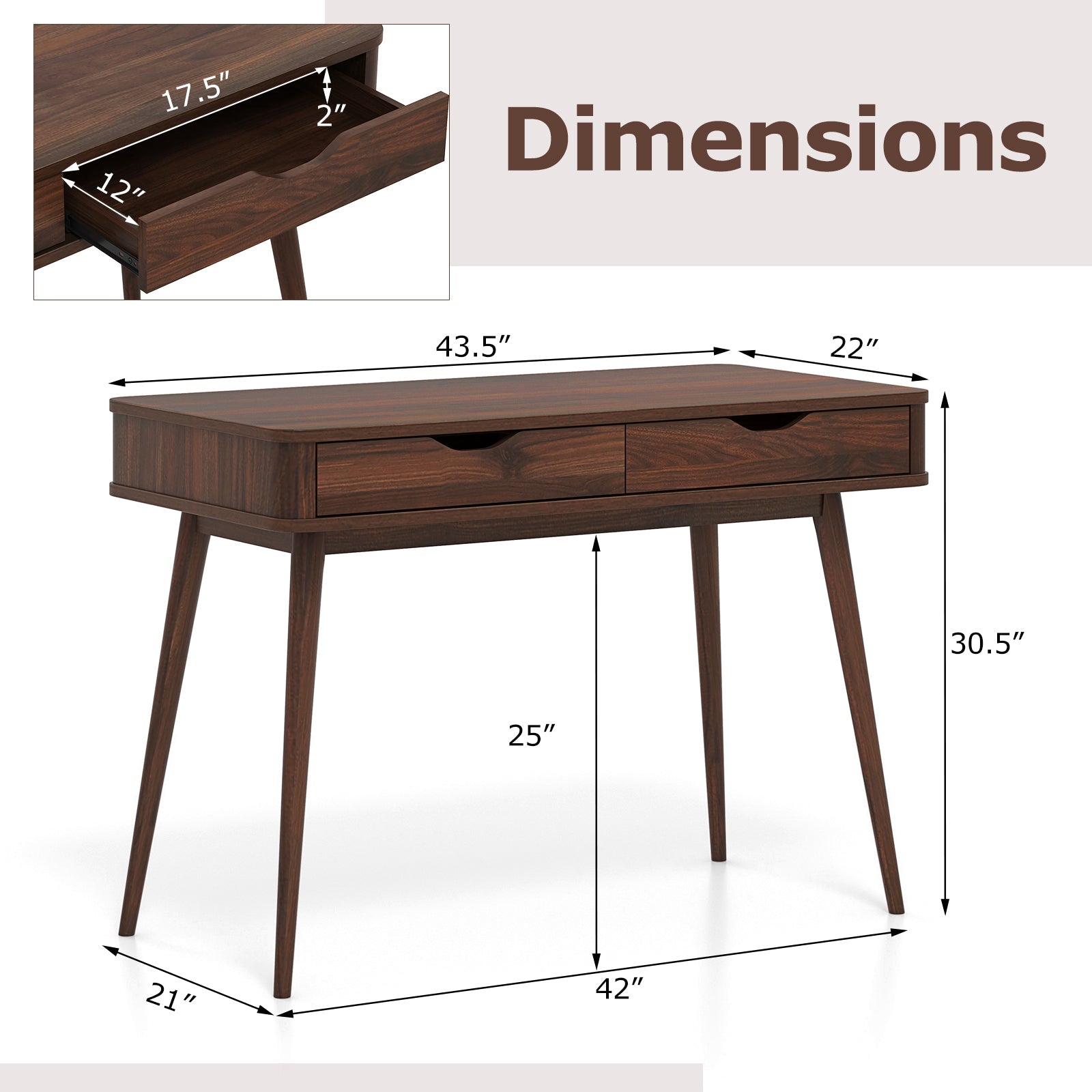 43.5 Inch Computer Desk with 2 Drawers for Small Spaces - Tampa Home & Garden Store