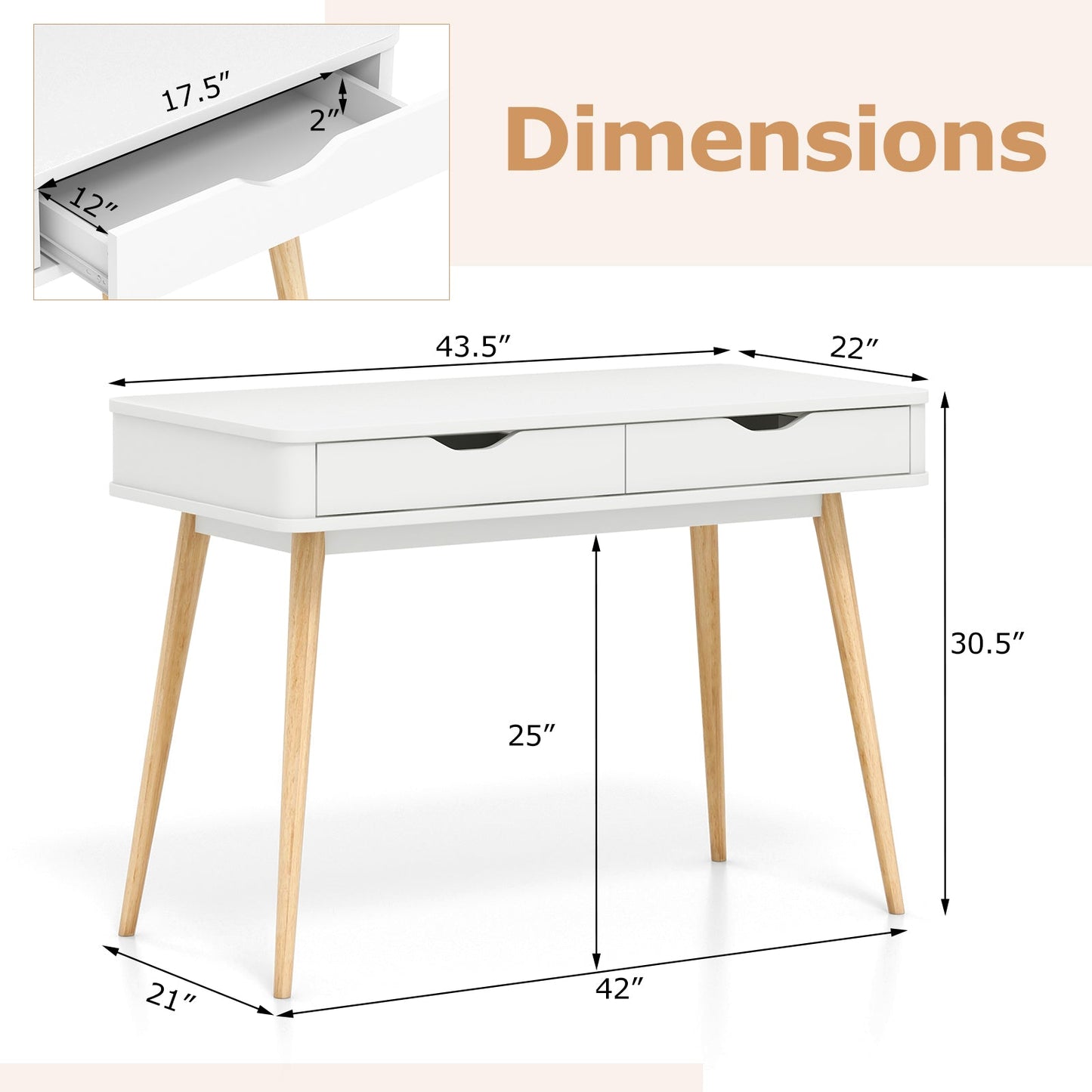 43.5 Inch Computer Desk with 2 Drawers for Small Spaces - Tampa Home & Garden Store