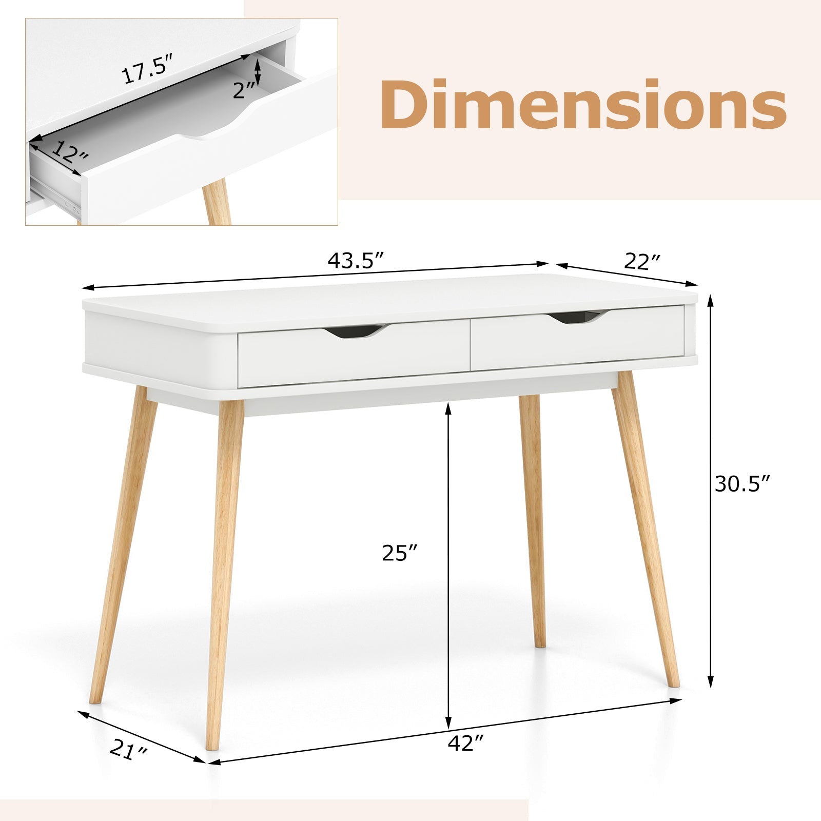 43.5 Inch Computer Desk with 2 Drawers for Small Spaces - Tampa Home & Garden Store