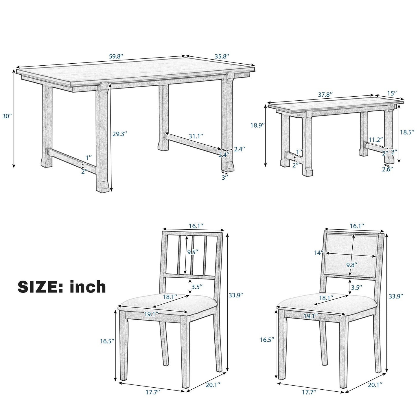 Rubber Wood Six Piece Kitchen and Dining Set