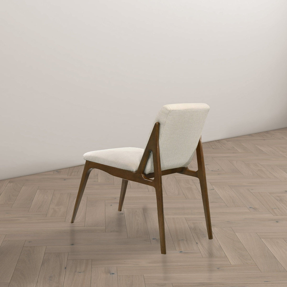Beige upholstered dining chair set with dark wooden legs 2 chairs shown on Tampa Home & Garden Store